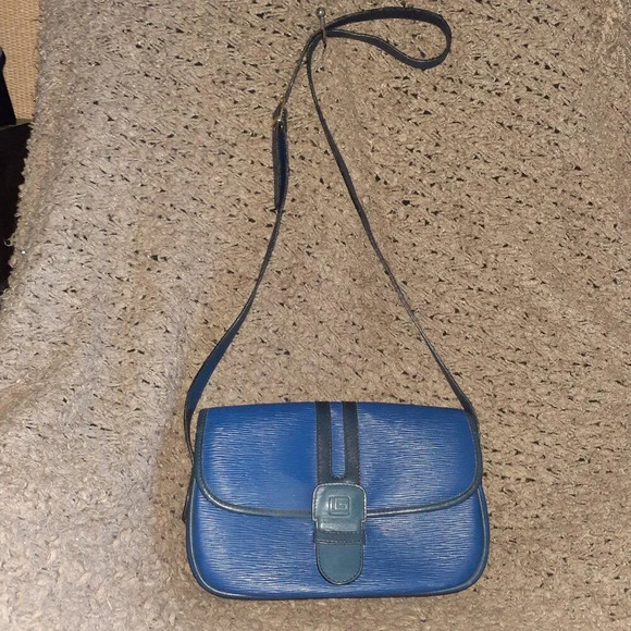 Vtg GUY LAROCHE-2 Tone Blue Textured Leather-Magnetic Flap-Cross/Shoulder Bag-EX - Picture 1 of 8